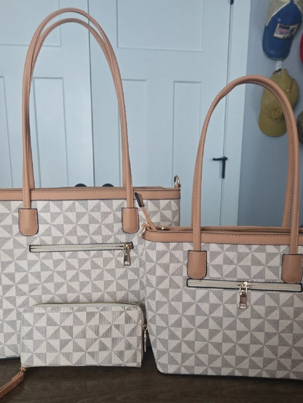 Set Of Three Beige Geometric Tote Bag with Tan Trim and Bee Accent